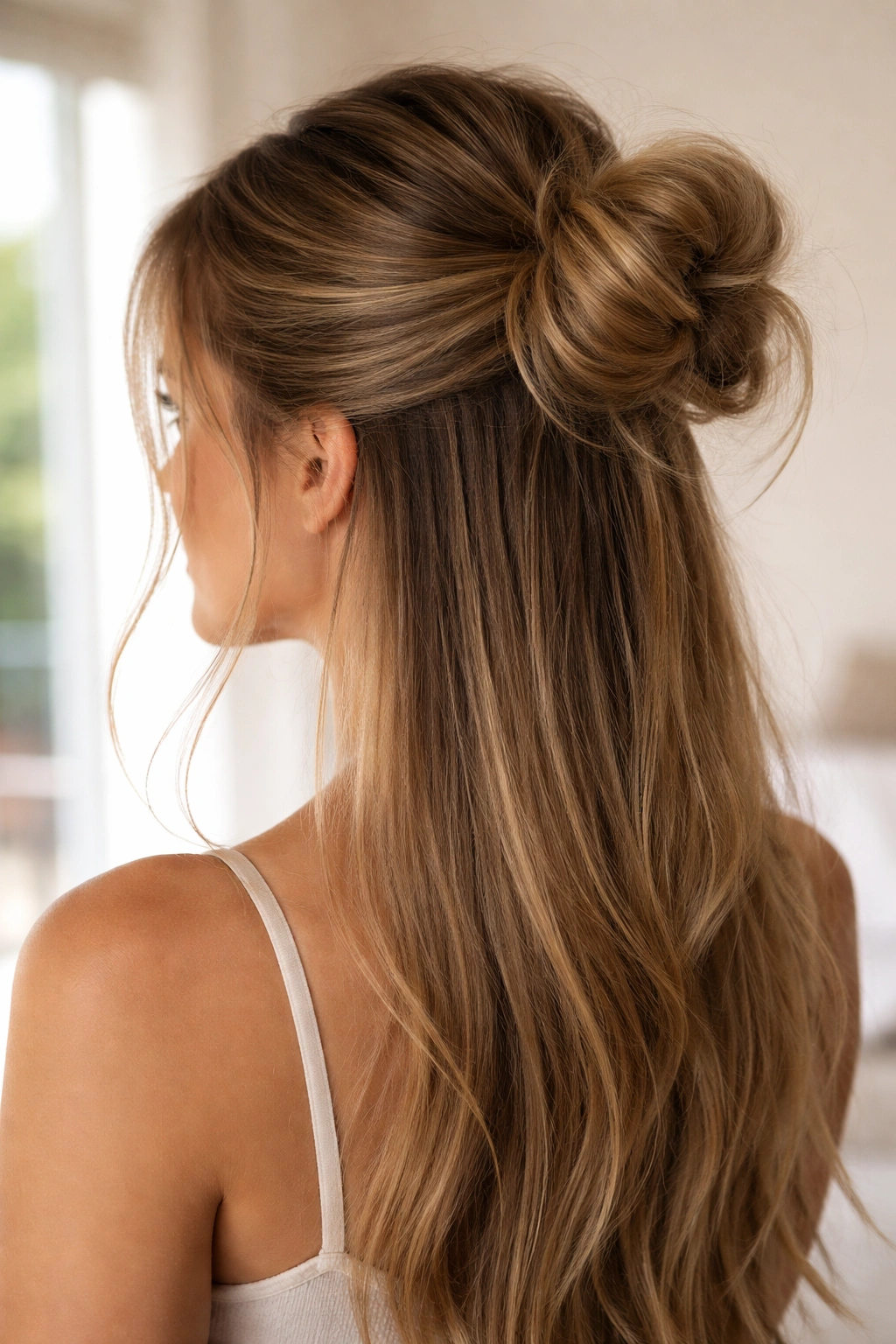 Half-up hairstyle with a loose, messy bun and framing strands