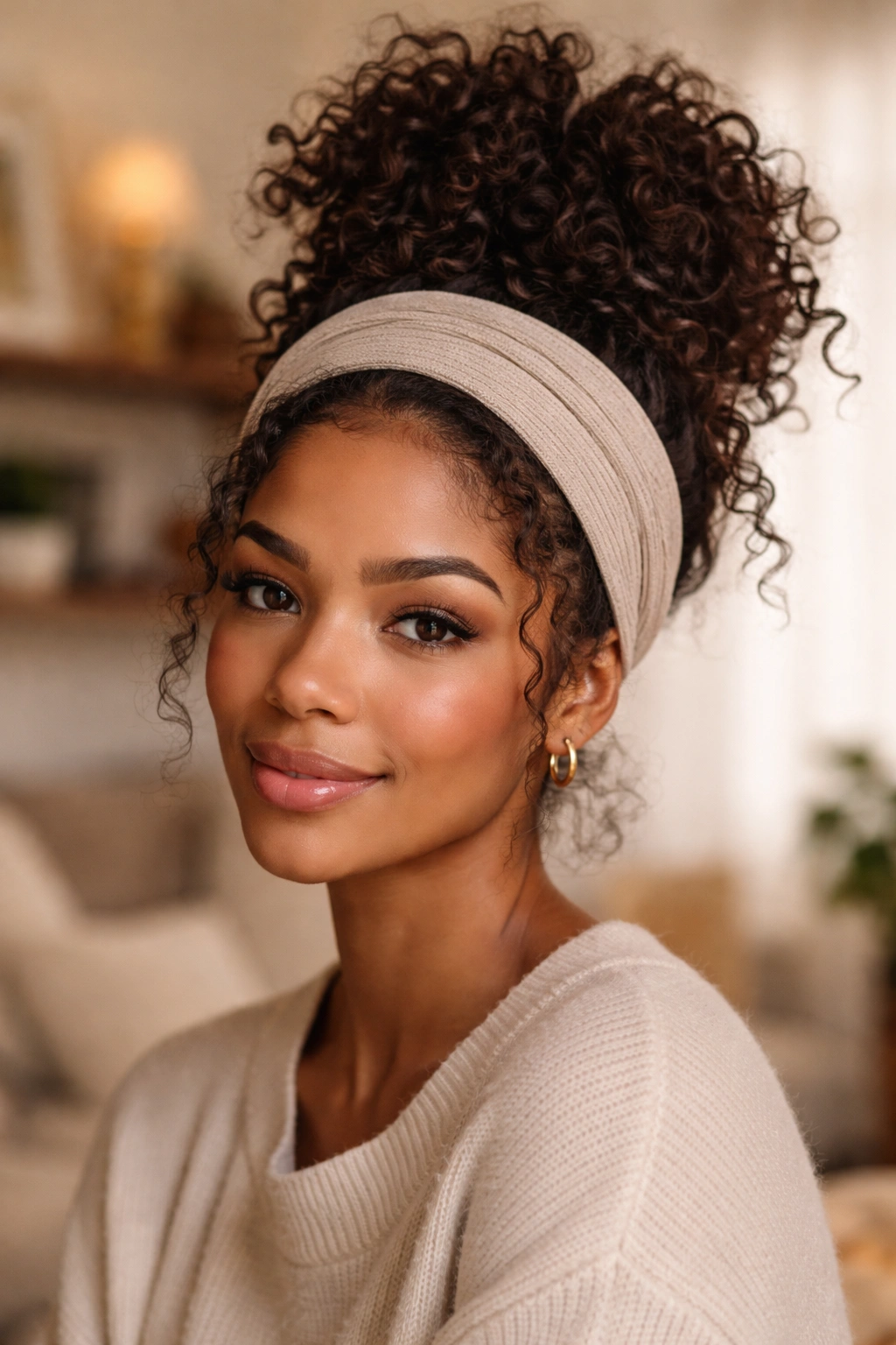 Close-up of a real woman with a messy bun and a wide cloth headband in a cozy setting
