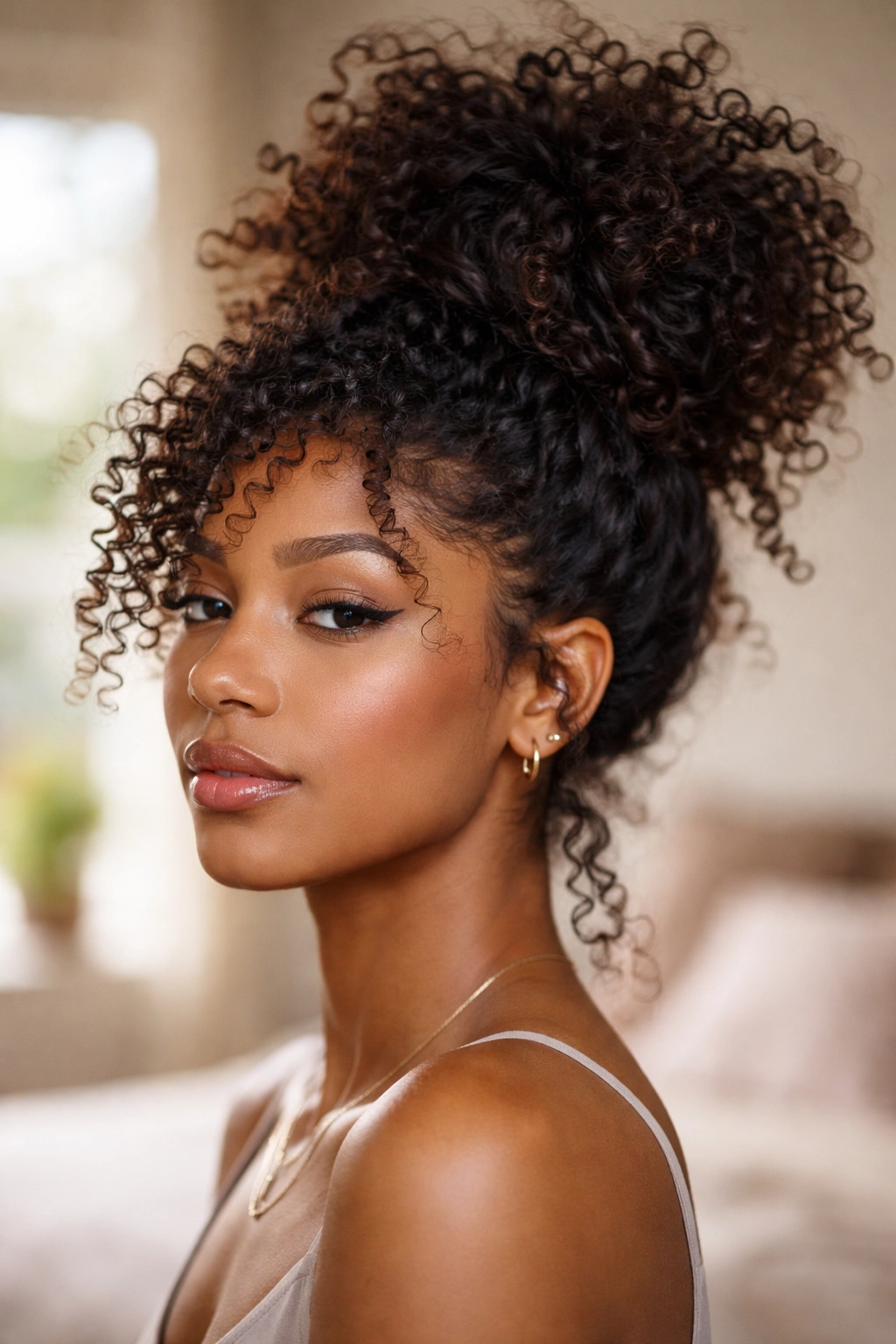 Close-up of a real woman's messy bun on natural curls, highlighting texture and volume.