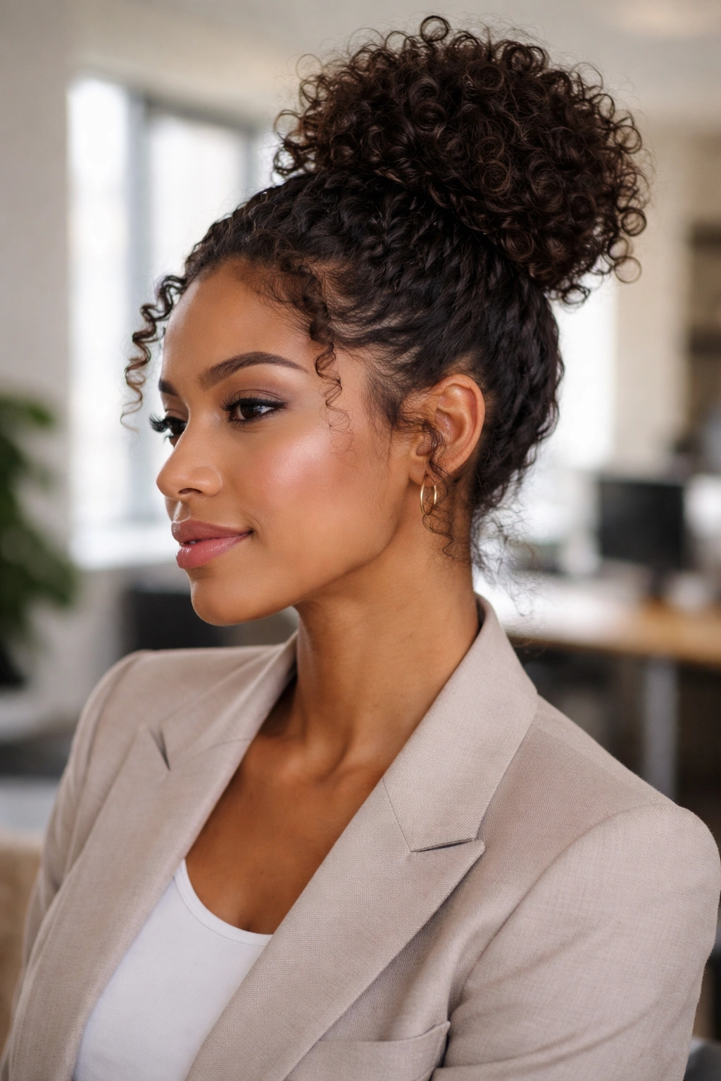 Close-up of a real woman with a work-appropriate messy bun, defined edges and wrapped base detail, office setting