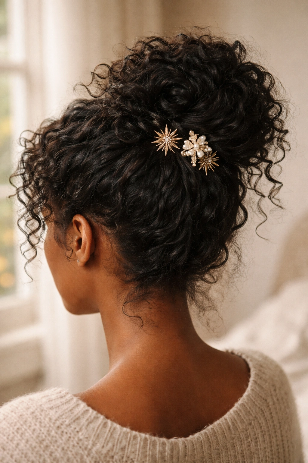 Close-up of a real woman with a messy bun and metallic pins under warm window light