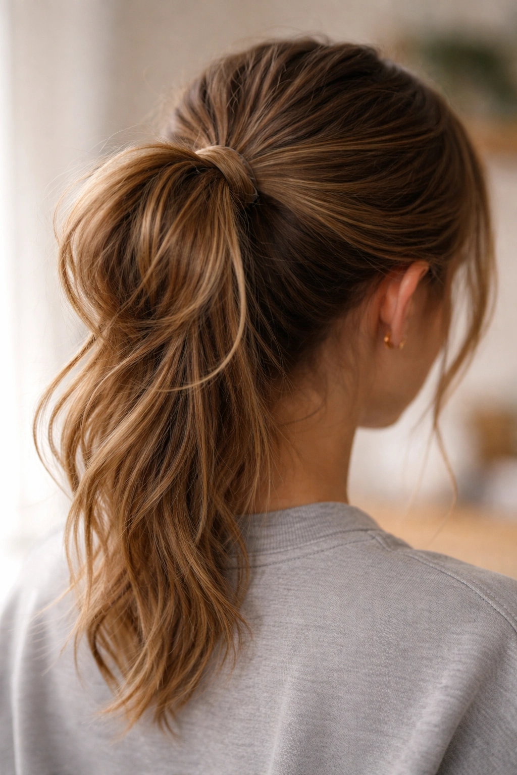 Ponytail with a loose bun formed by looping halfway through.