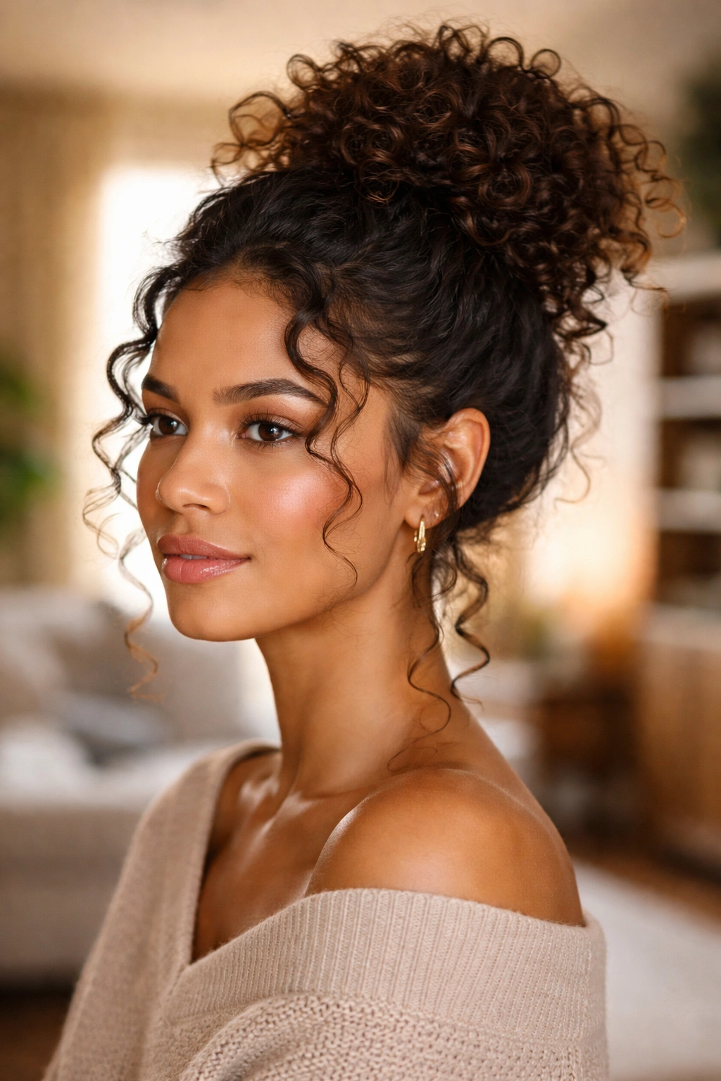 Close-up portrait of a real woman with a messy bun and tendrils framing the face