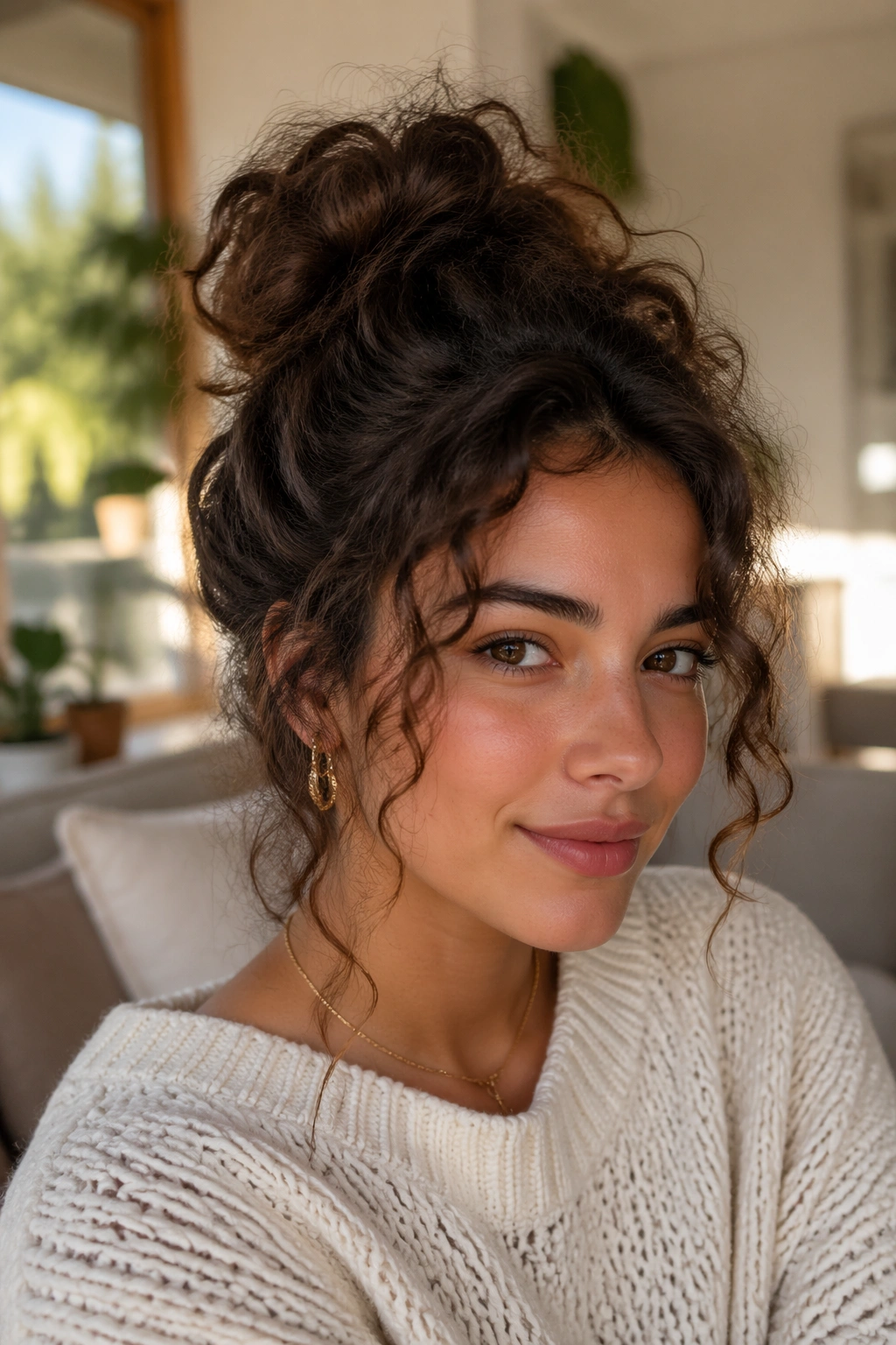 Real woman with messy bun and tendrils framing the face.