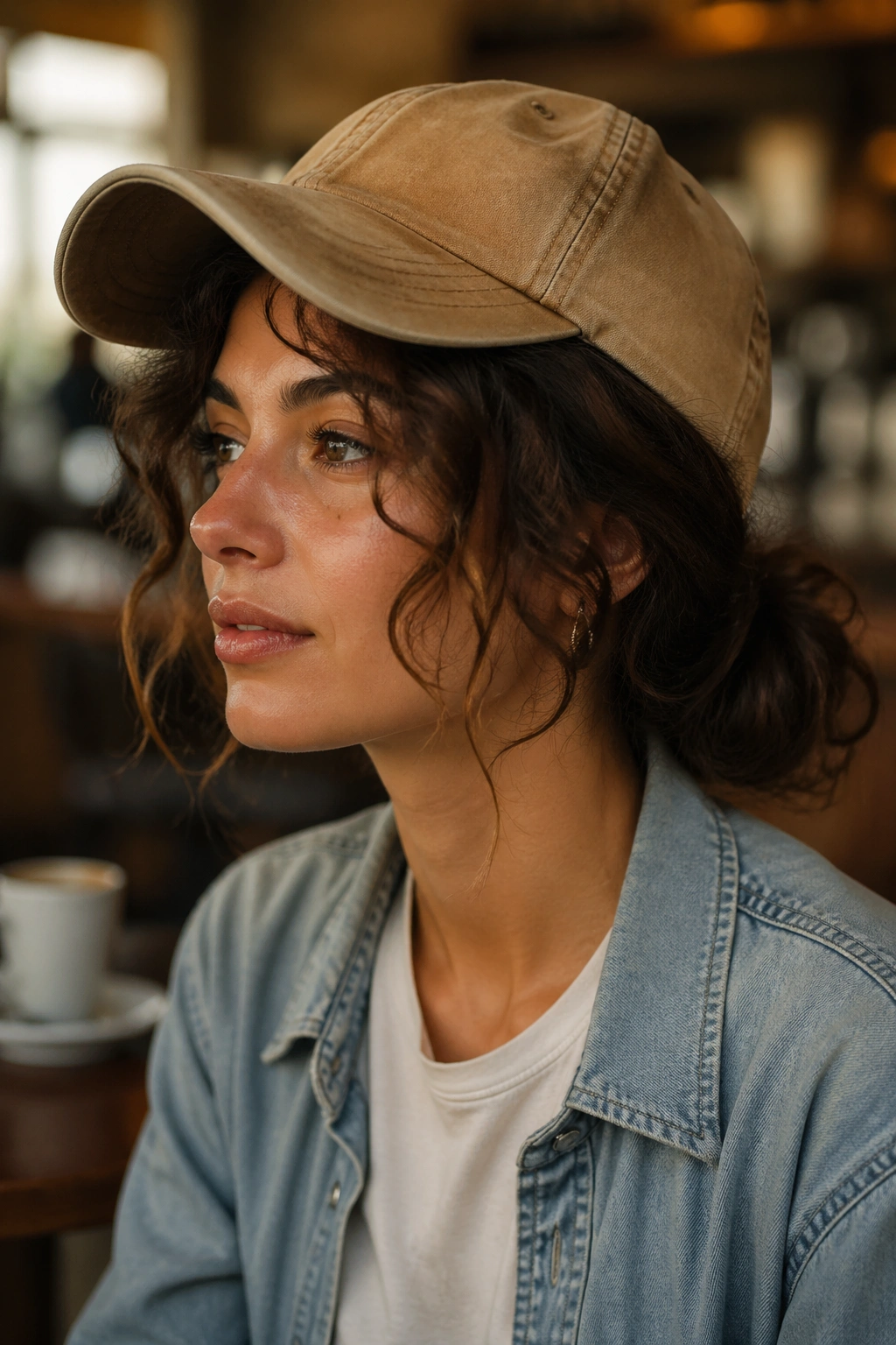 Close-up of a real person with a messy bun under a vintage cap.