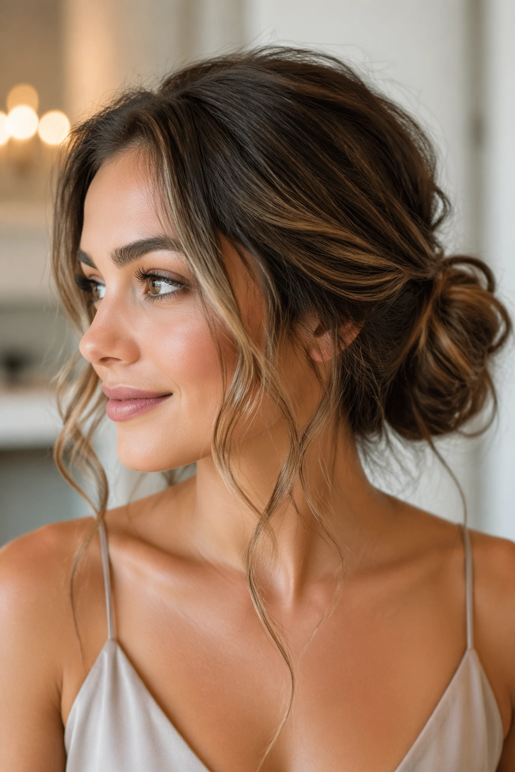 Close-up of a real woman with a messy bun and wavy tendrils
