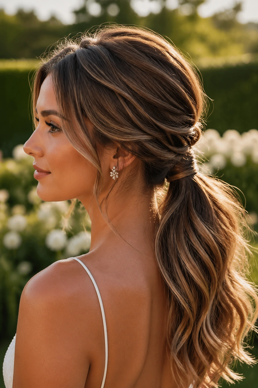 Close-up of a real woman with Messy-Chic Low Ponytail hairstyle
