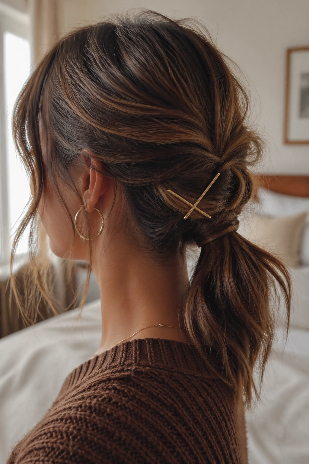Close-up of real woman with a loose messy chignon ponytail at the nape, soft window light