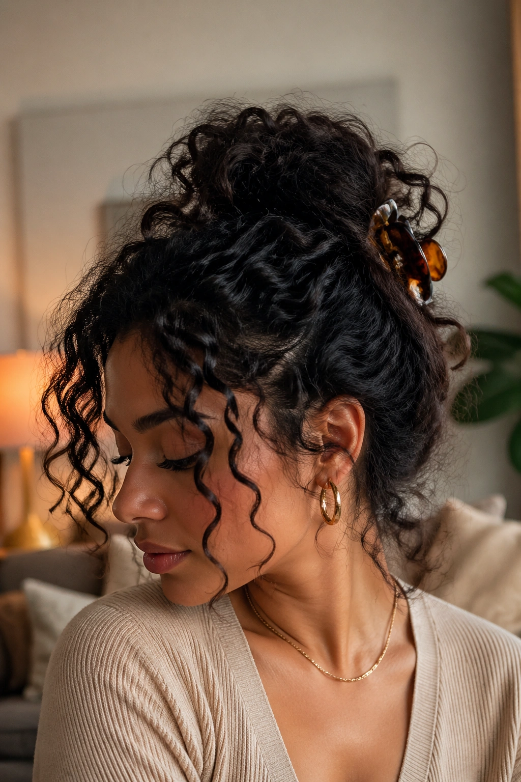 Messy curly clip updo on a real person with loose strands