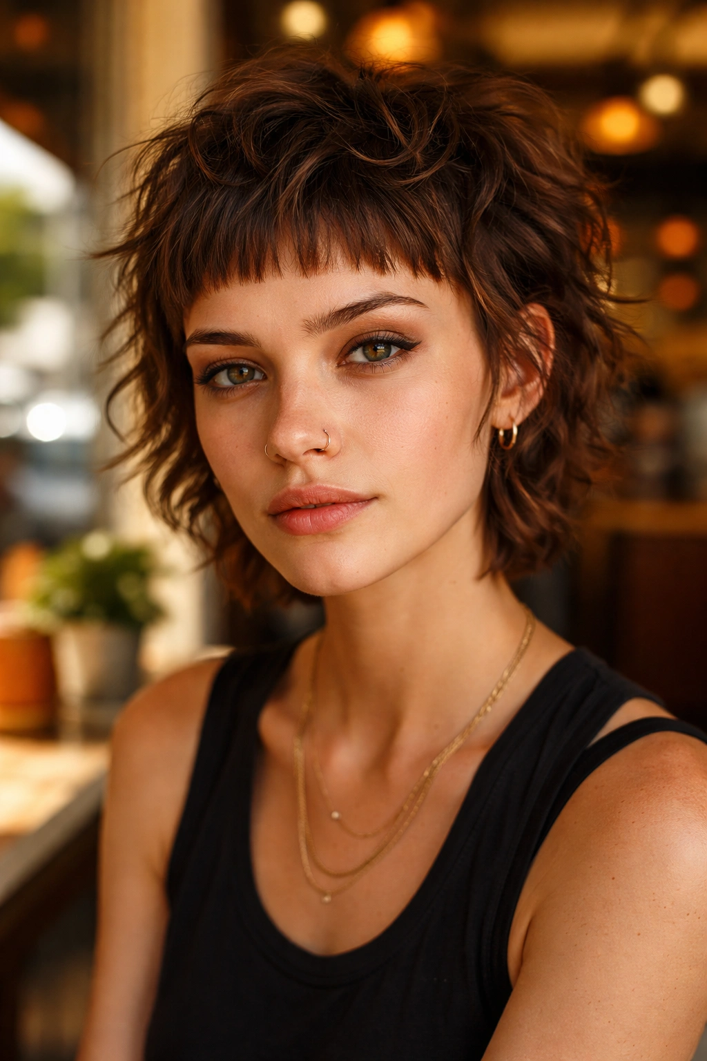 Close-up of a real woman with a messy crop and baby bangs.