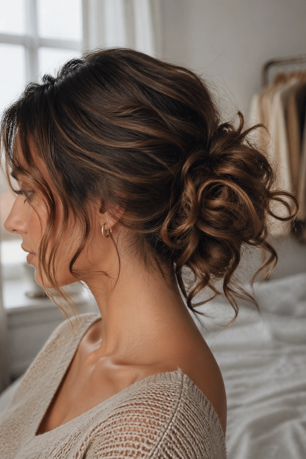 Messy Curled Ponytail Bun close-up on real woman with relaxed curls