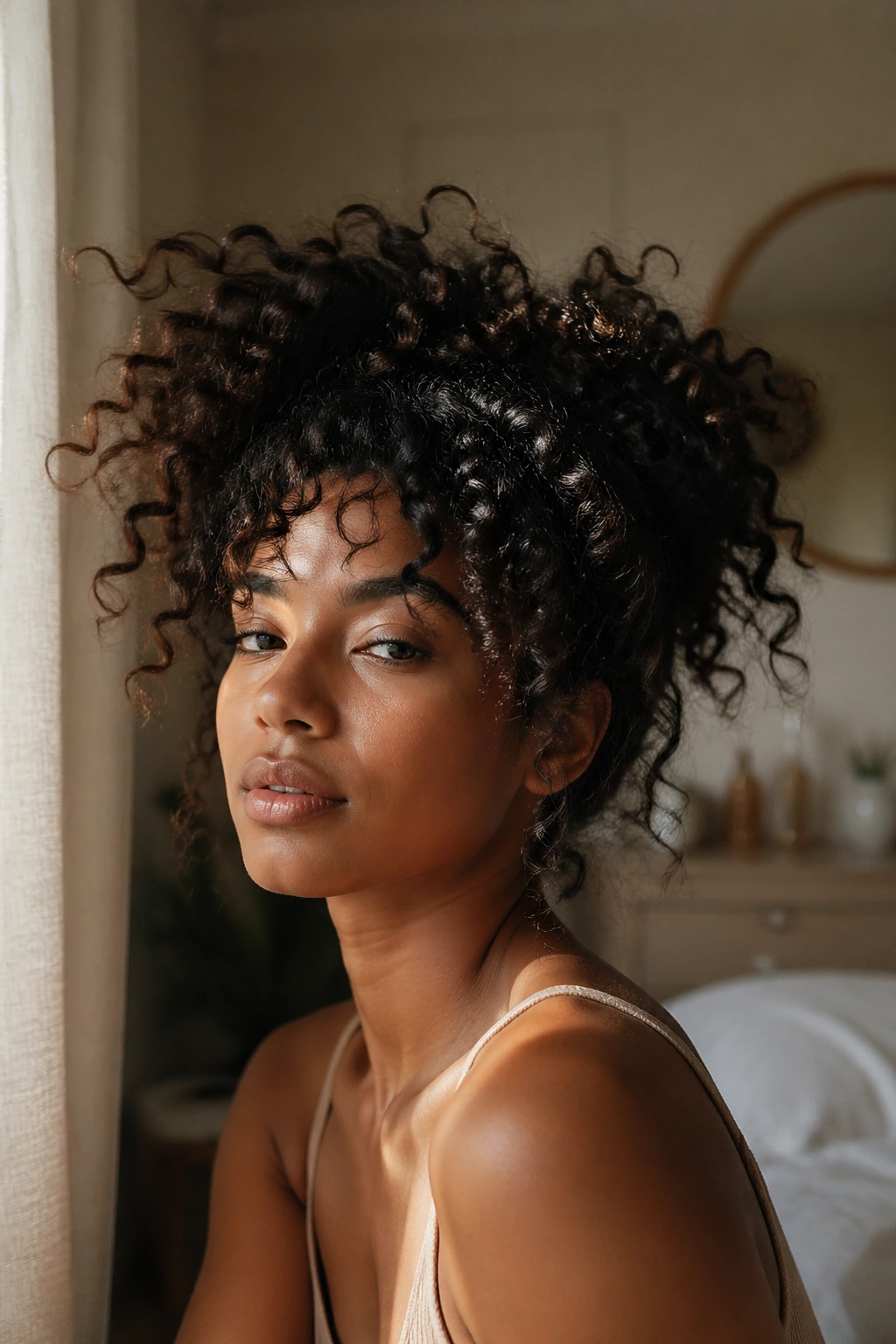 Close-up portrait of a person with a messy curly hairstyle showing defined edges and volume