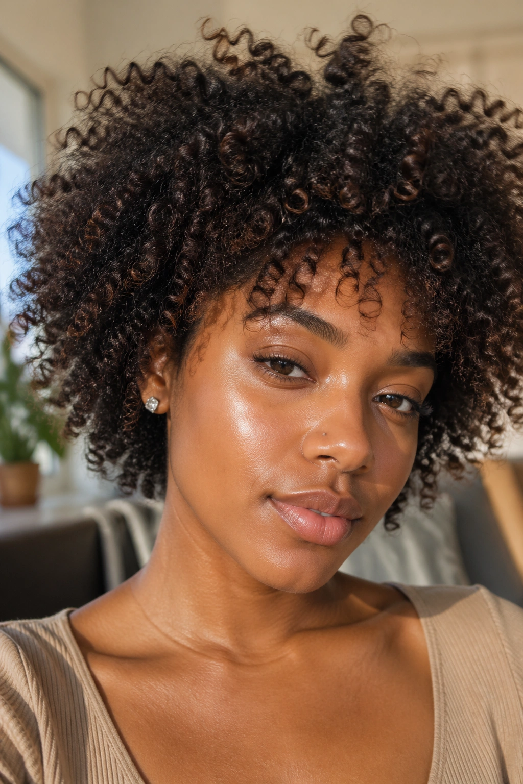 Close-up of a real person with a soft, messy curl cloud around the head.