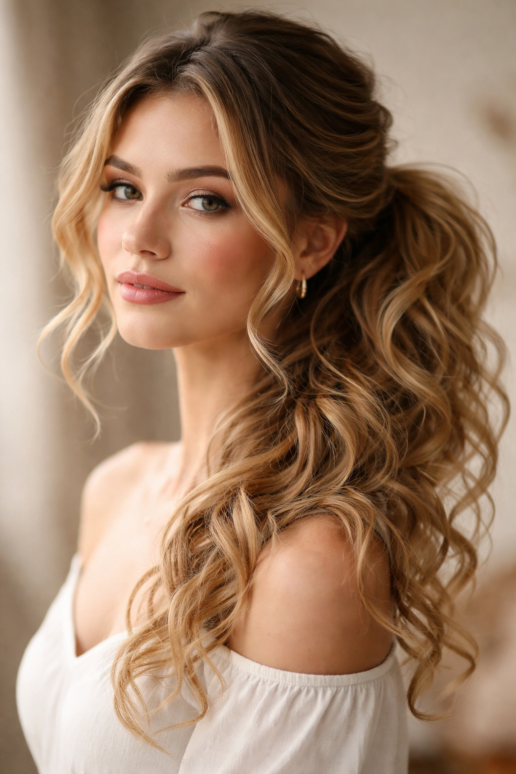 Side pony with messy curls cascading over the shoulder