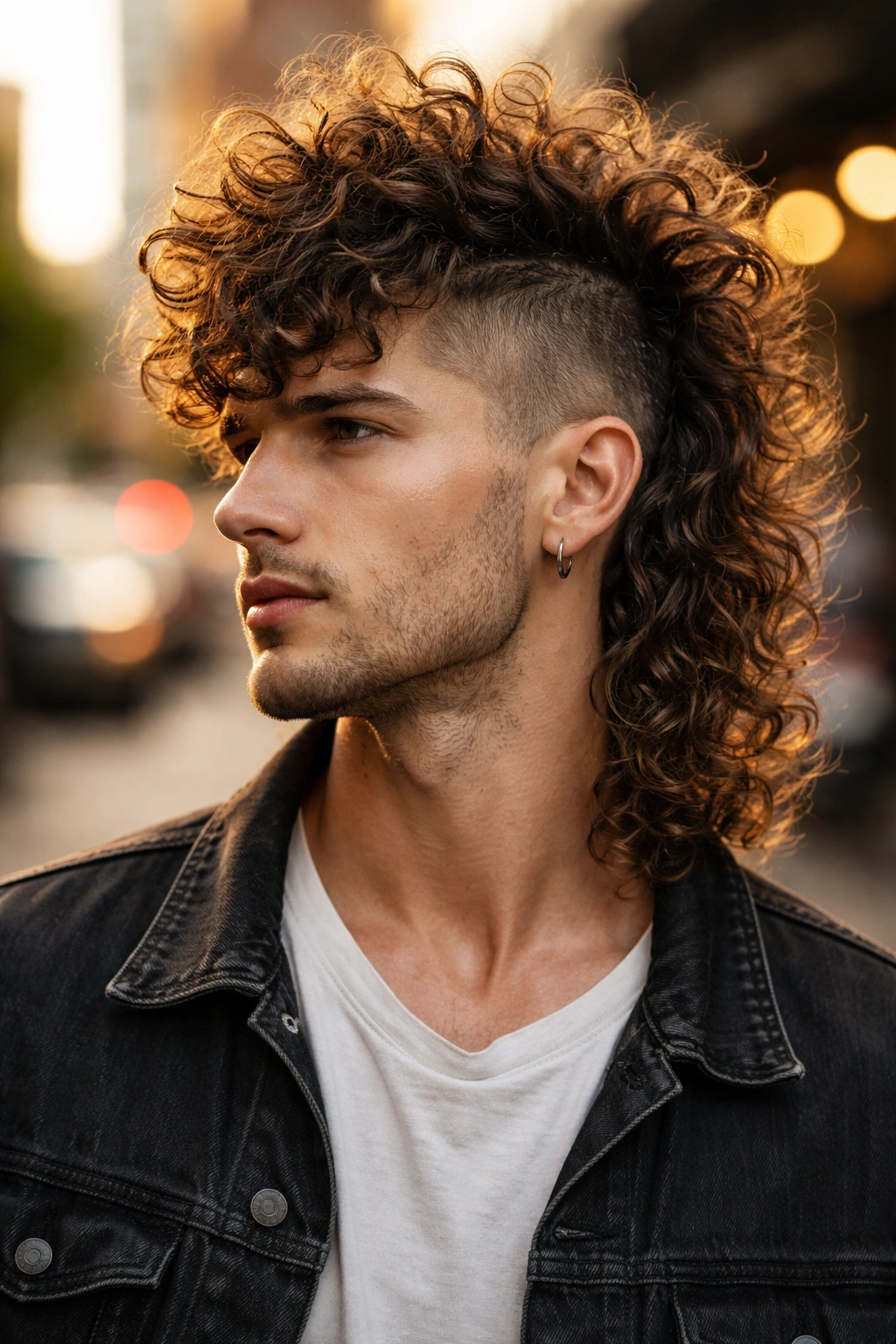 Portrait of a person with a messy curly mullet mohawk outdoors at golden hour.