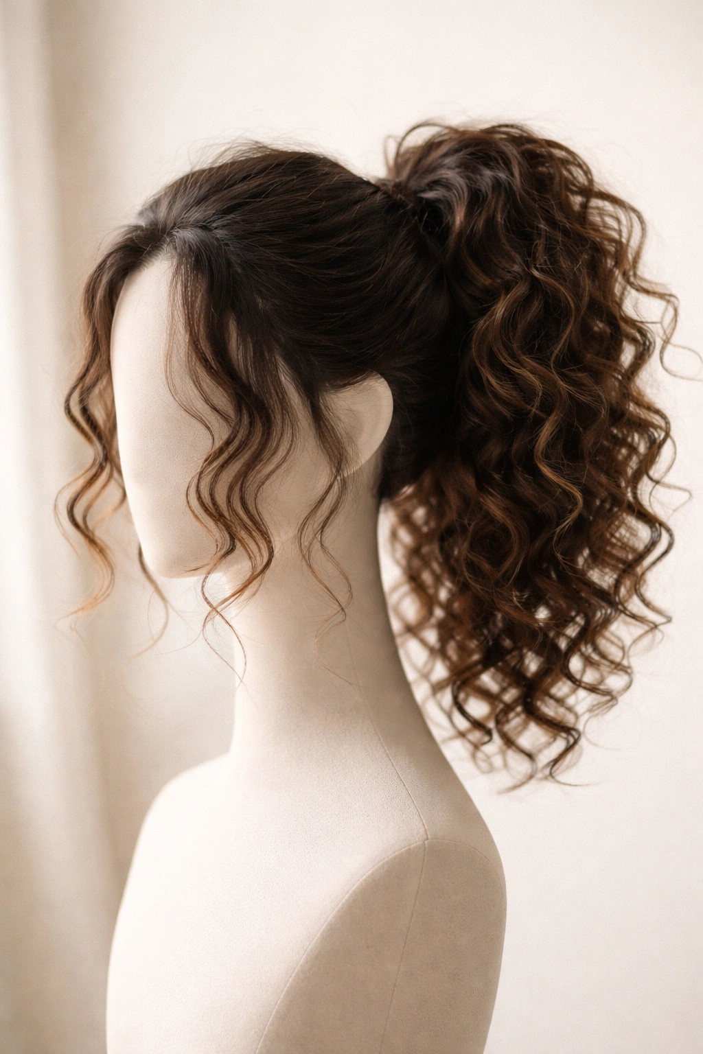 Curly ponytail with loose face-framing curls for a lived-in look on a headless form