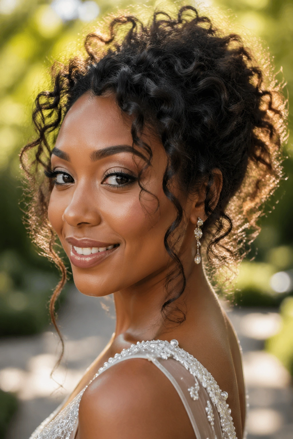 Close-up of a bride with a romantic messy curly updo and tendrils
