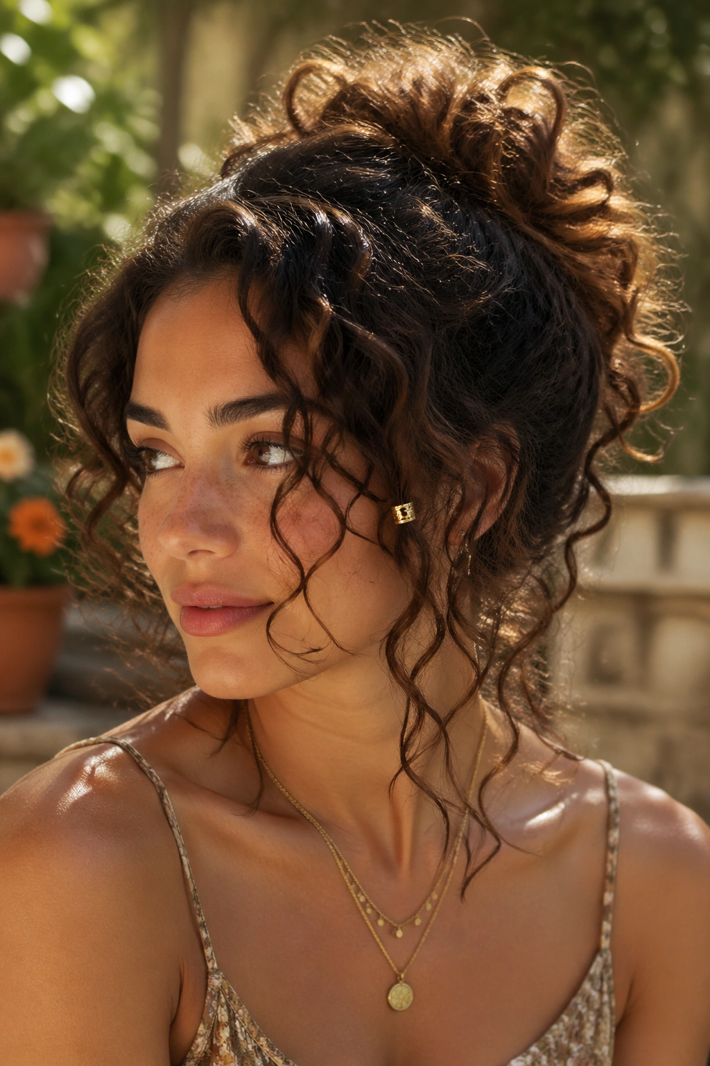 Close-up of real woman with messy curly updo and tendrils