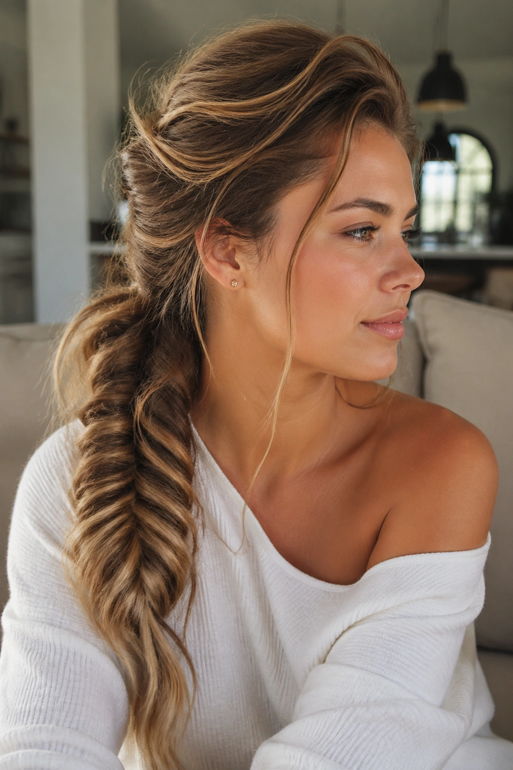 Close-up of a real woman with a messy fishtail ponytail and crown lift