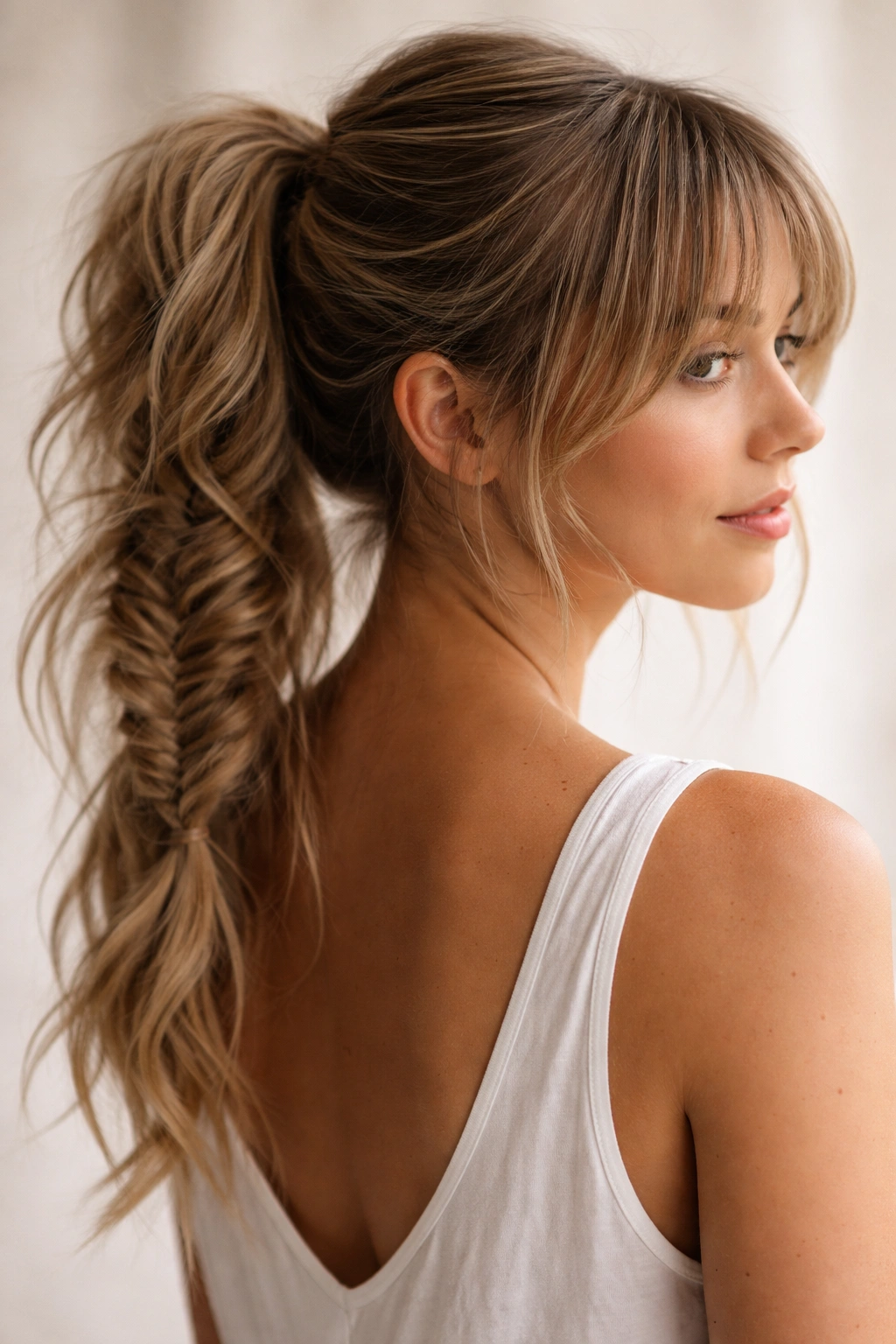 Messy mid-height fishtail ponytail with wispy bangs and soft texture