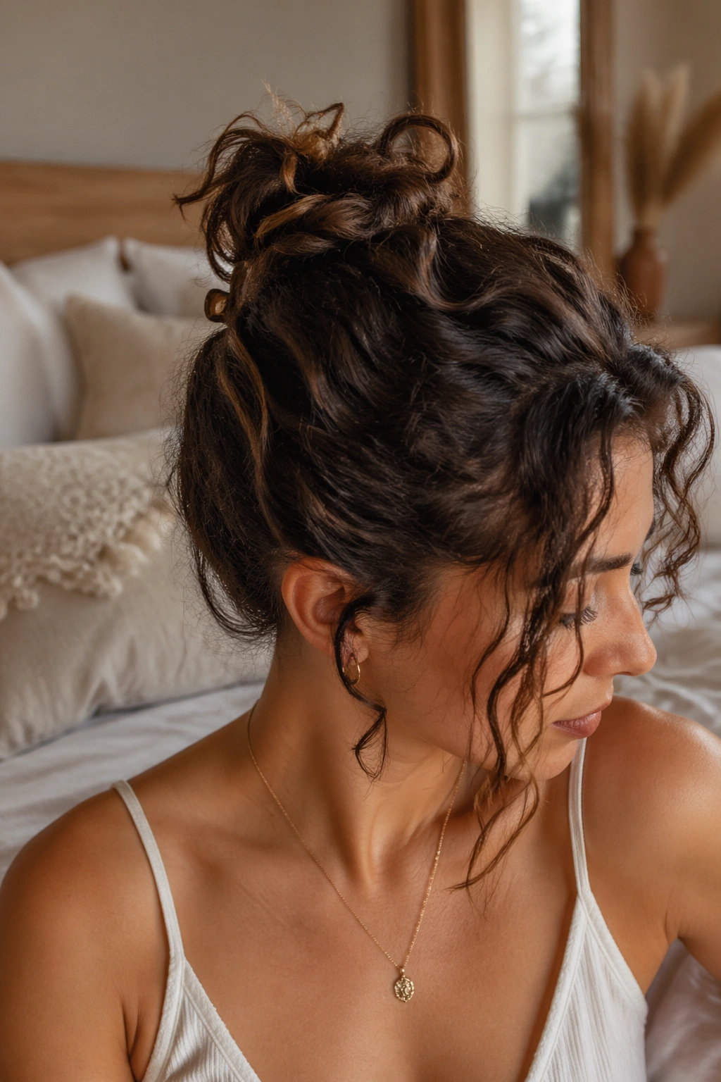 Close-up of a real woman showing a messy folded knot hairstyle at the crown with loose curls around the face.
