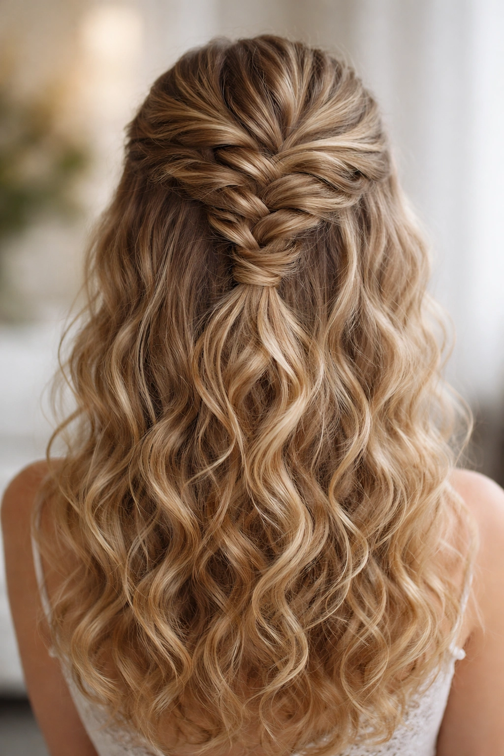 Messy French braid tucked under crown with curls
