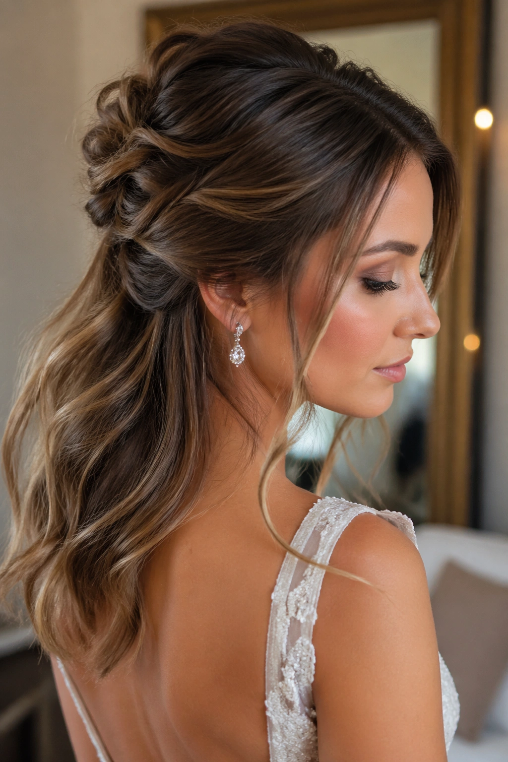 Close-up of a real bride with a messy French twist half-up hairstyle