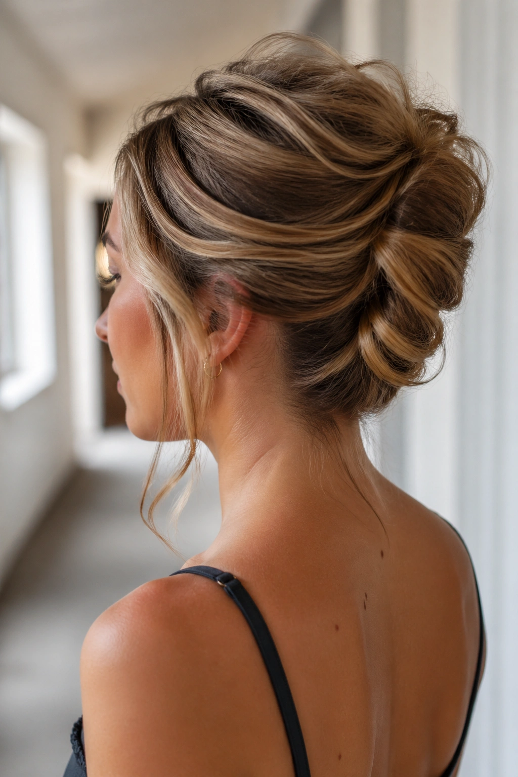 Profile of real woman with a relaxed French twist at the back and soft front waves.