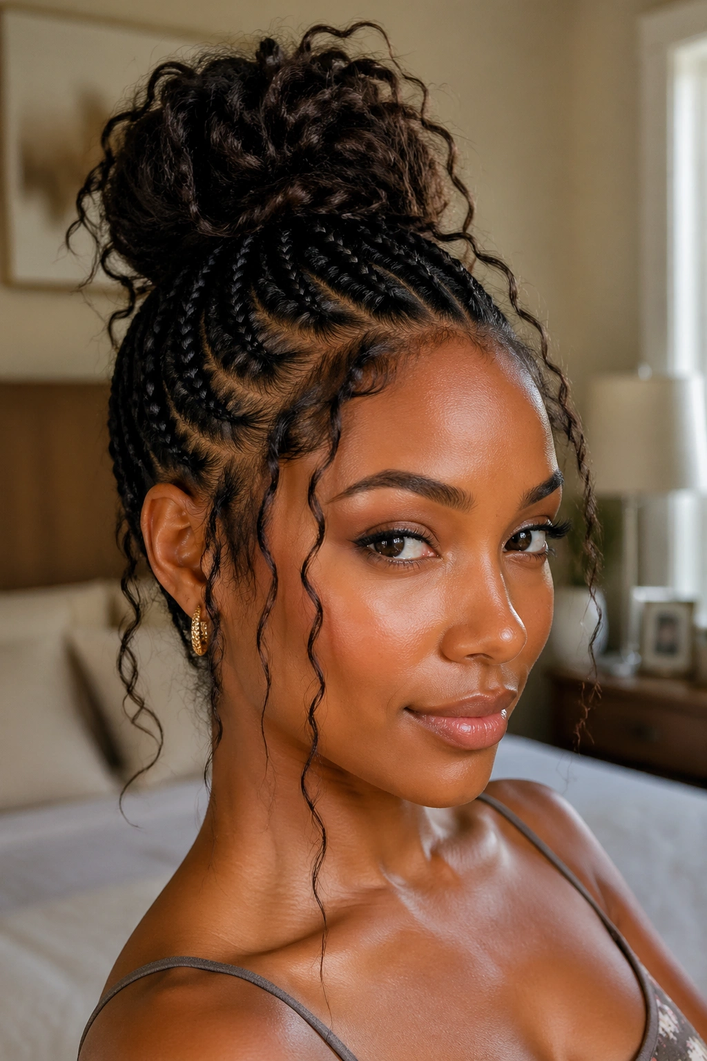 Close-up portrait of a real woman with Messy Goddess Bun featuring cornrows and pinned bun