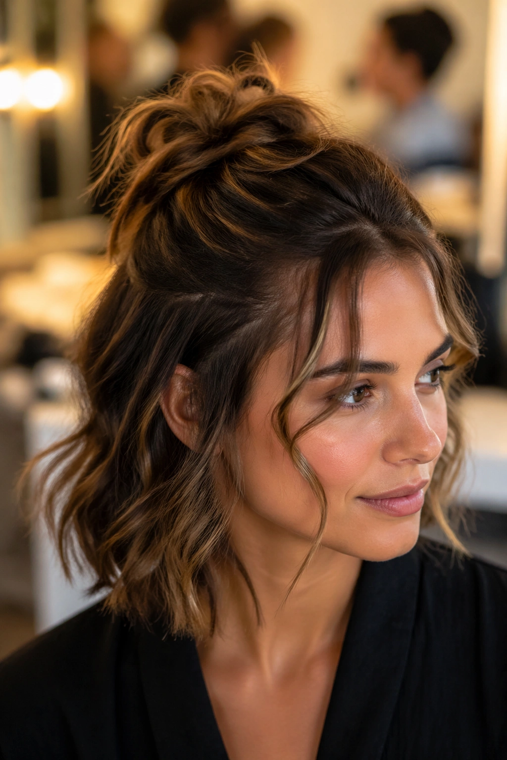 Close-up of a woman with a messy half bun and tendrils around the face