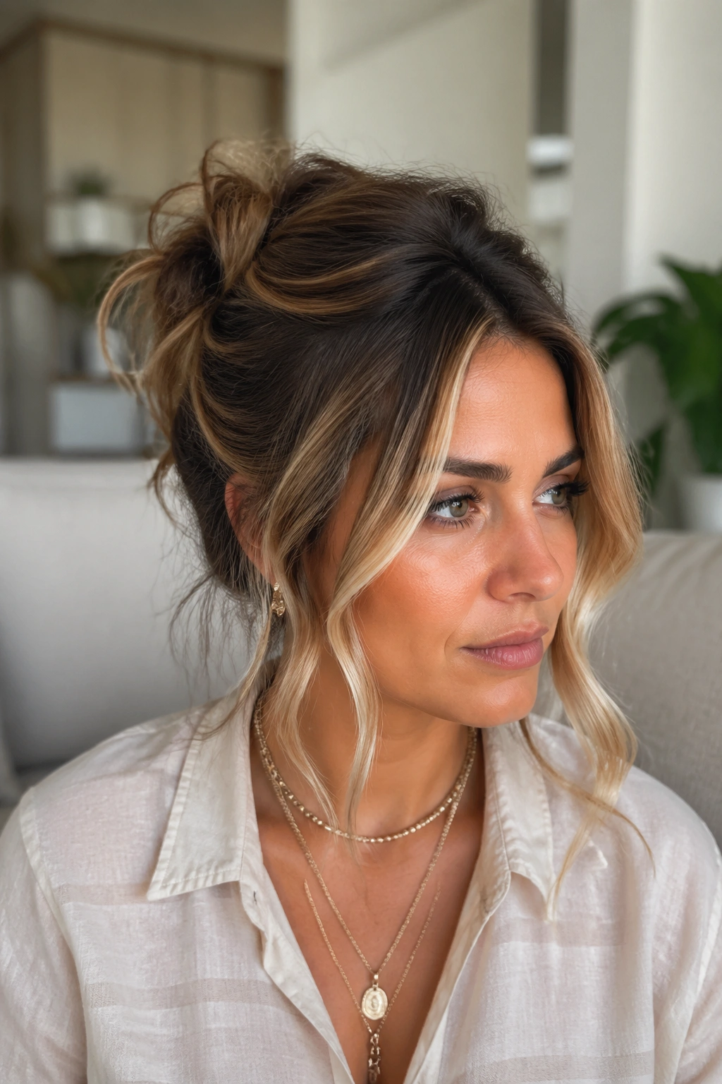 Close-up portrait of a person with a messy half-up bun and bright face-framing pieces.