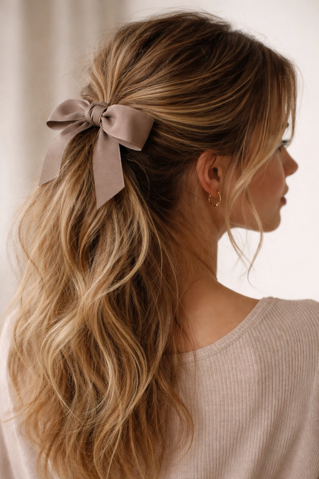 Close-up of messy half-up ponytail with grosgrain bow, textured crown and relaxed finish.