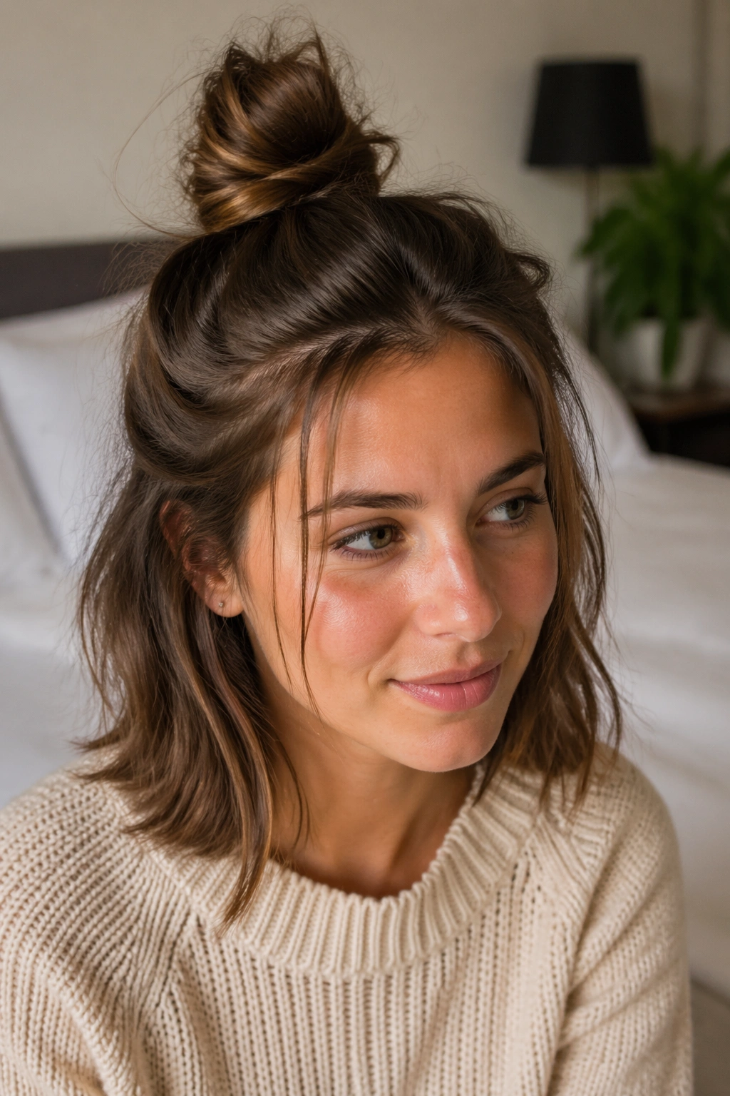 Close-up portrait of a real woman with a messy half-up top knot.