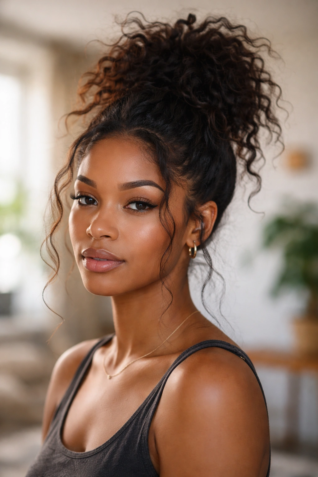 Portrait of a messy high bun ponytail with loose strands