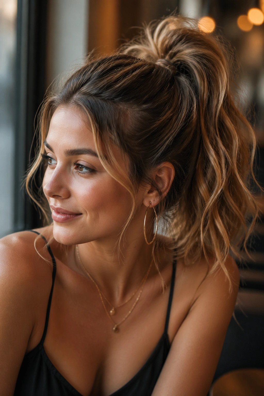 Close-up of real woman with messy high pony and wavy ends