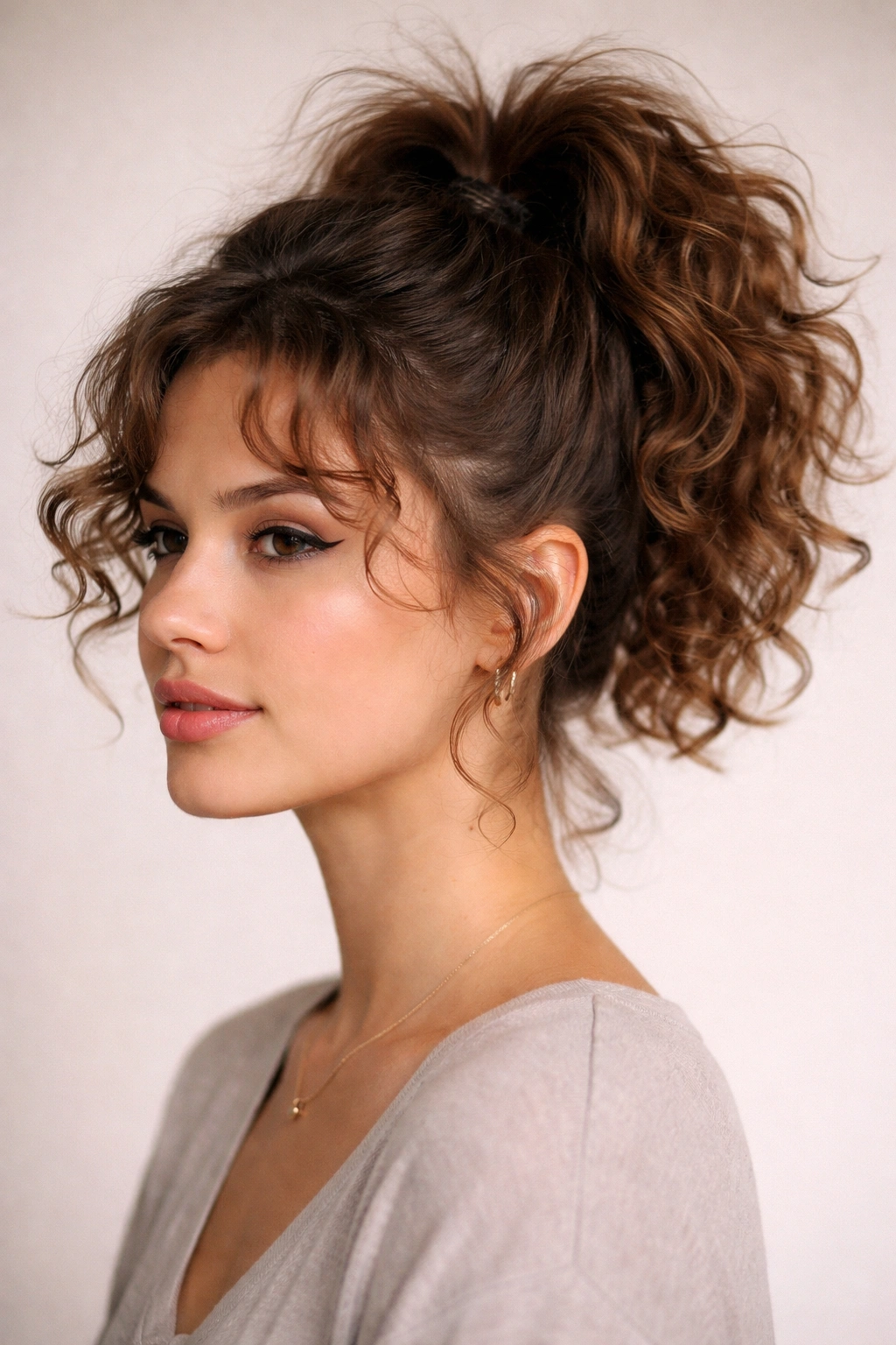 Close-up of short curly hair styled in a messy high ponytail with voluminous base