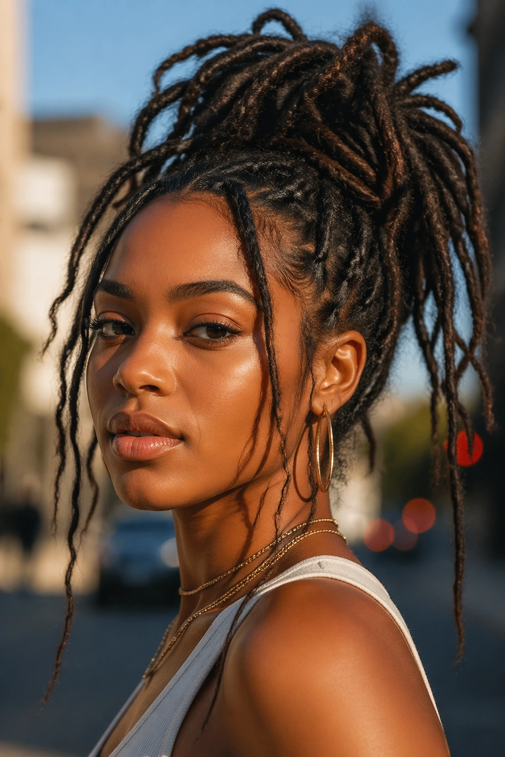 Close-up of real person with a Messy High Ponytail in golden-hour outdoor lighting