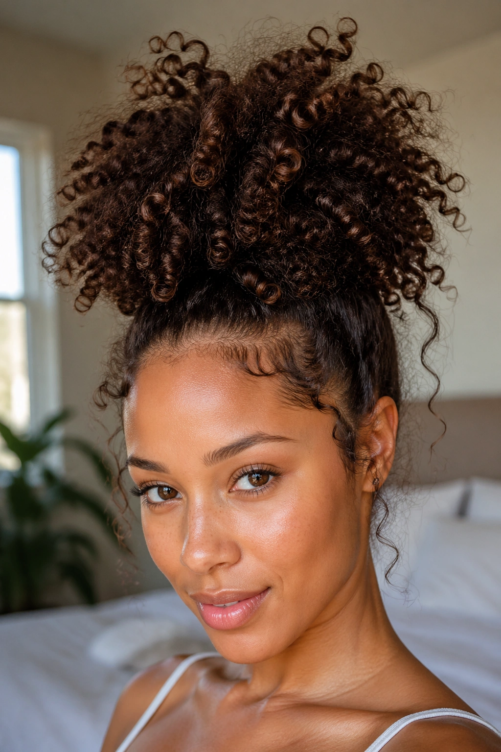 Close-up of a real woman with a messy high puff and flyaways in natural light