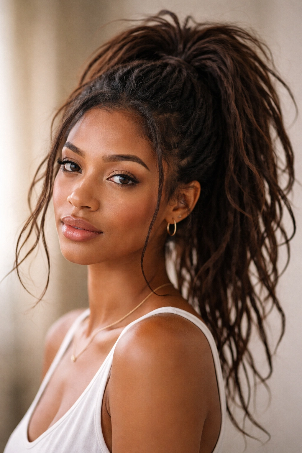 Messy high ponytail with soft texture and volume at the crown