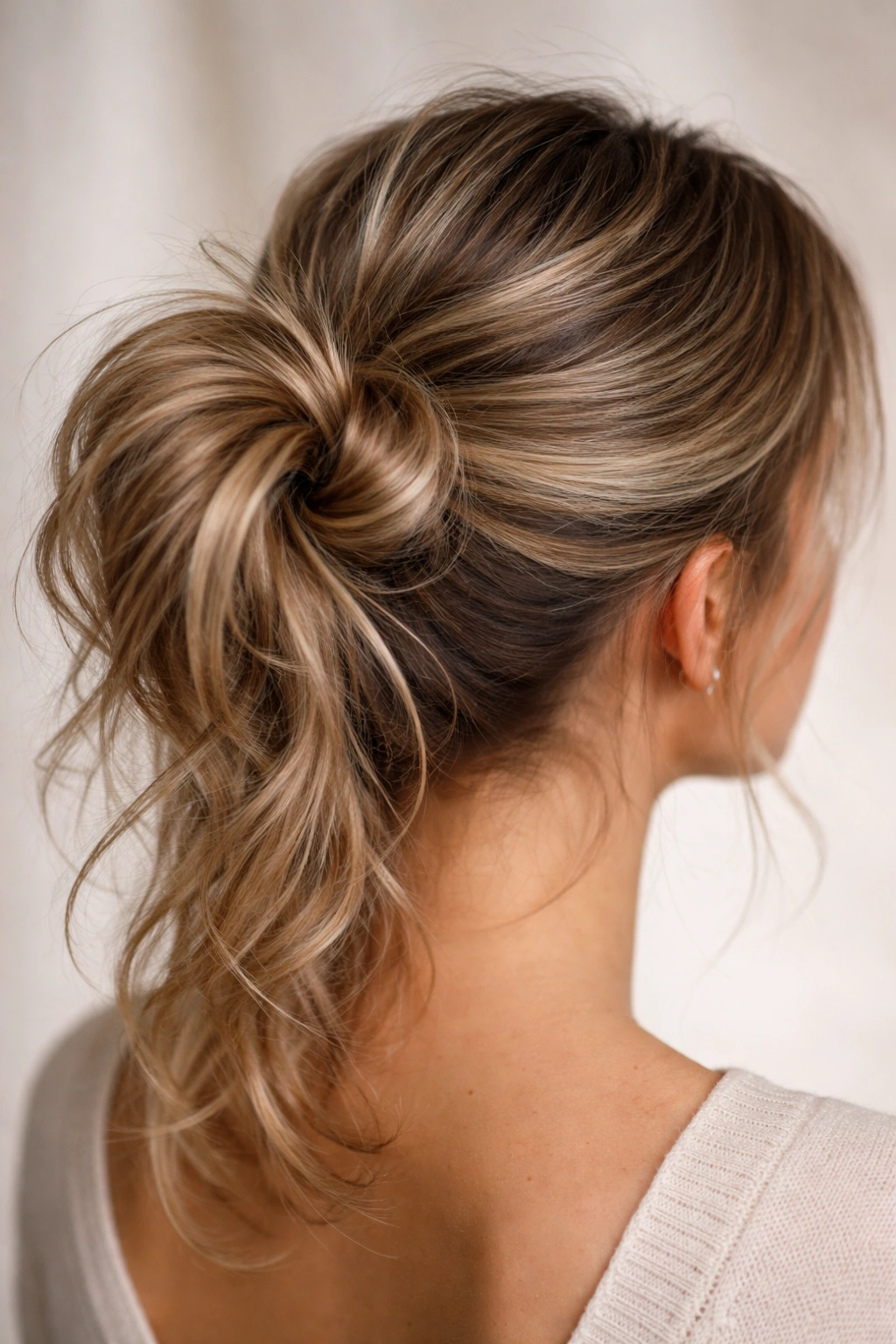 The Messy Textured Loop: loop bun with split tail and loose ends
