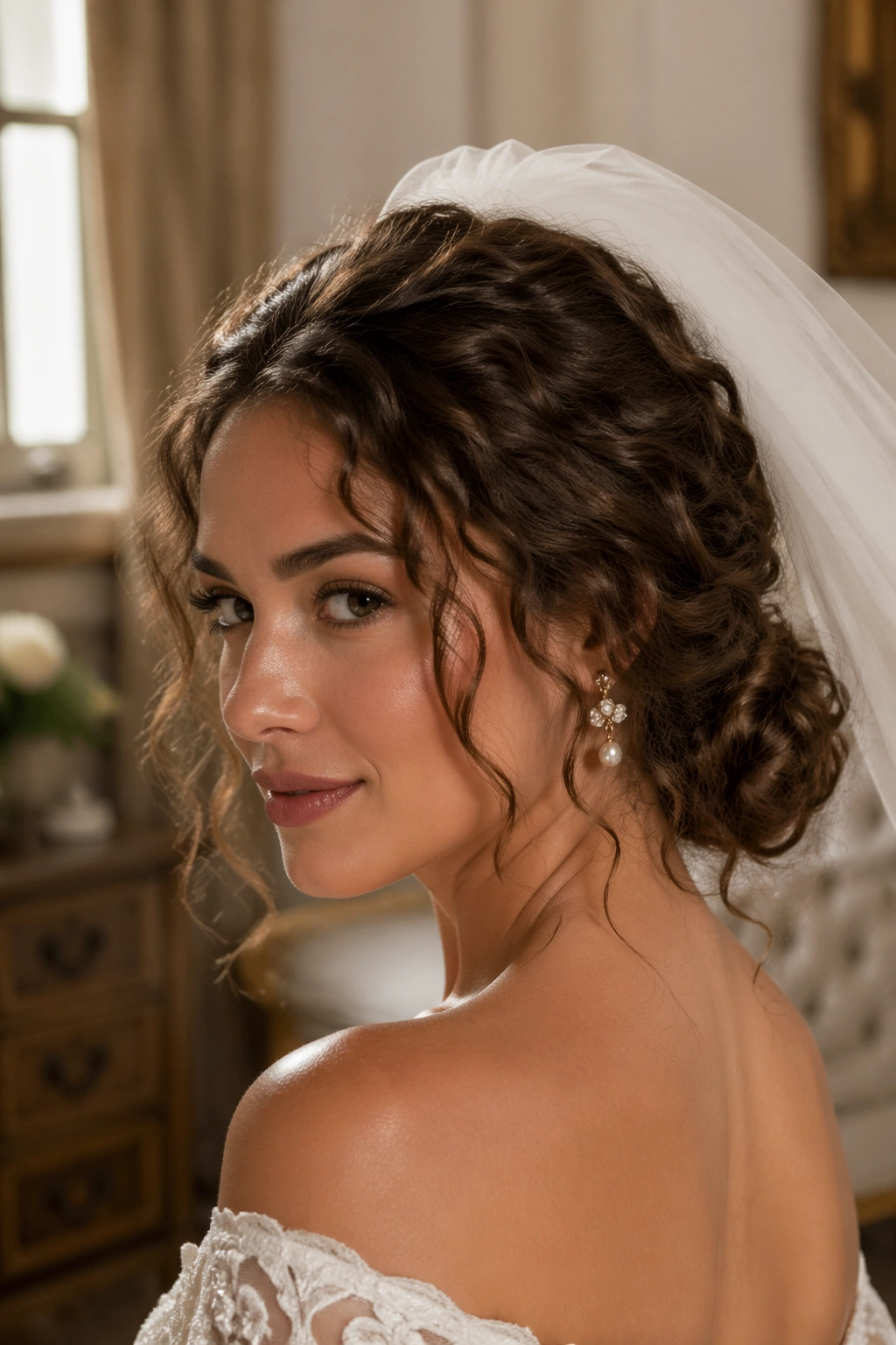 Close-up of a real bride with a loose low knot, veil at crown, and face-framing tendrils in a warm bridal suite.