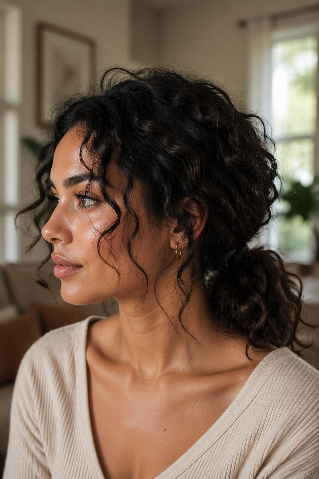 Real woman with a messy textured low ponytail showing loose curls at the crown