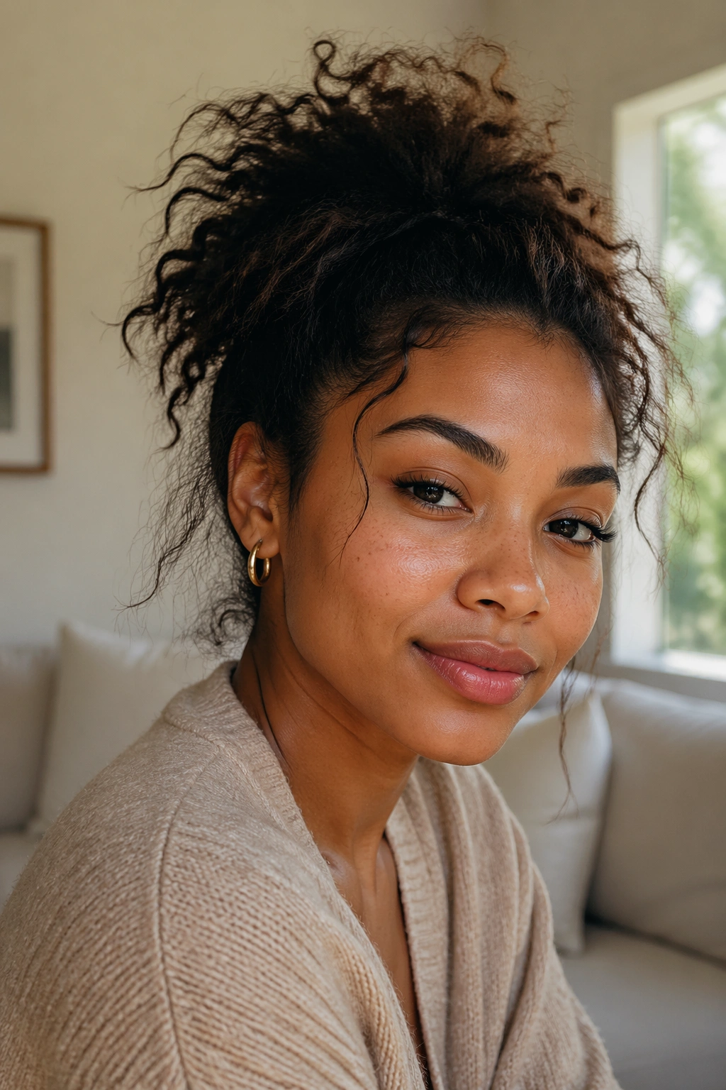 Close-up of a real woman wearing a messy mid-height afro ponytail