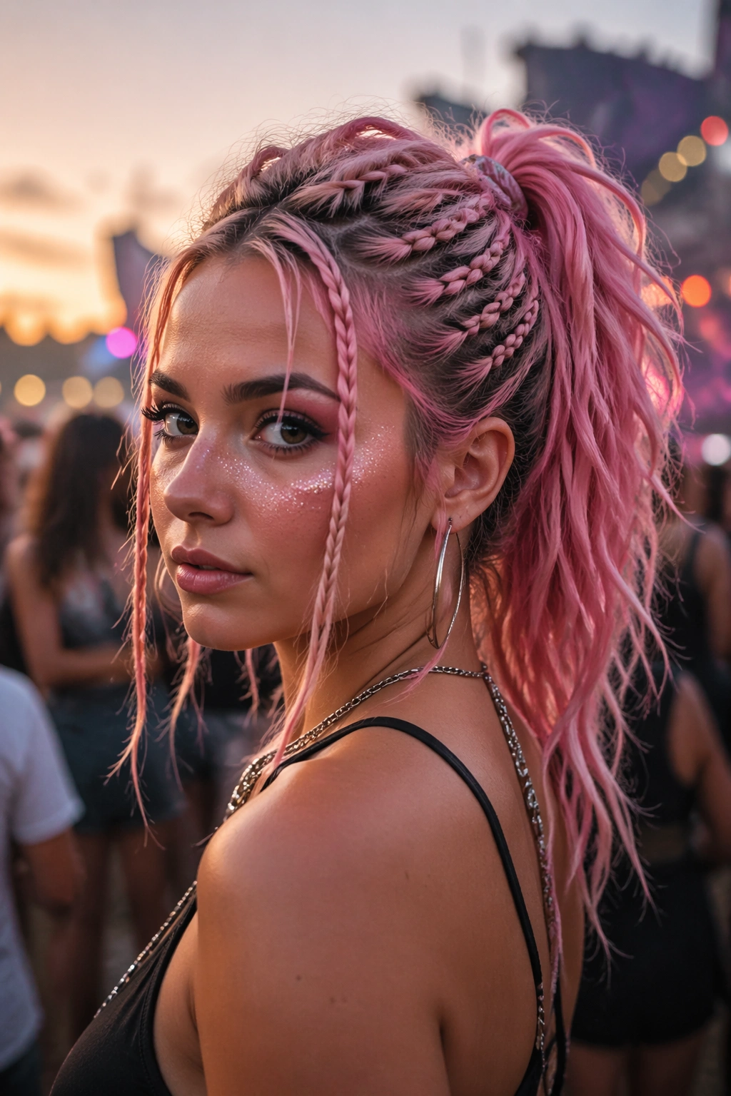 Close-up of Messy Pink Festival Ponytail with Face-Framing Braids on a real person