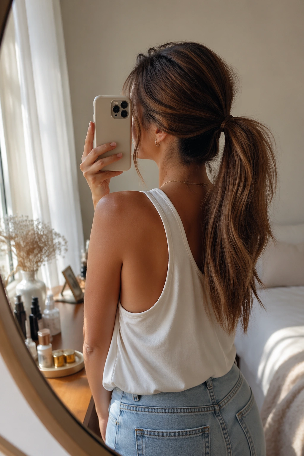 Messy-polished mid ponytail seen in mirror selfie