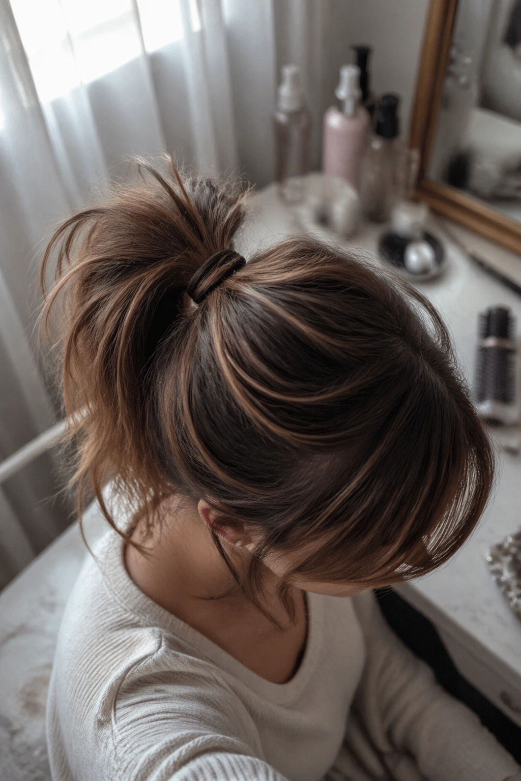 Overhead flat-lay of messy high ponytail with side-swept bangs and styling tools