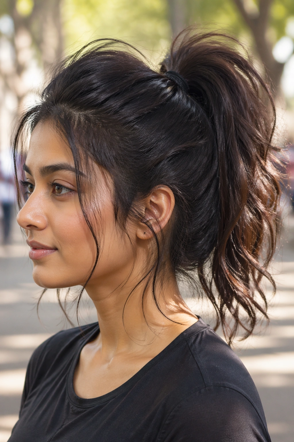Real woman with a messy, casual high ponytail in daylight