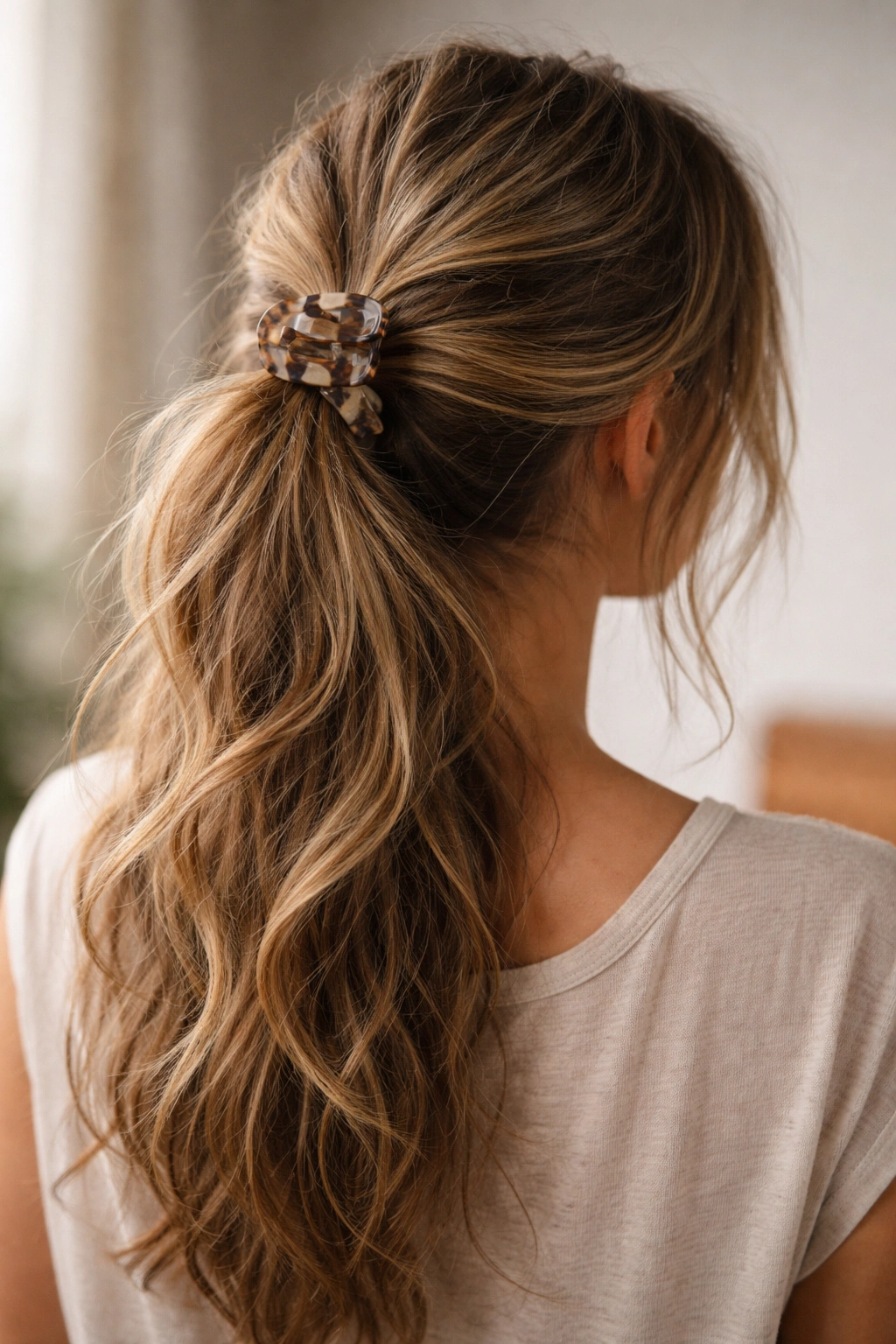 Messy undone claw clip ponytail with textured hair and natural flyaways