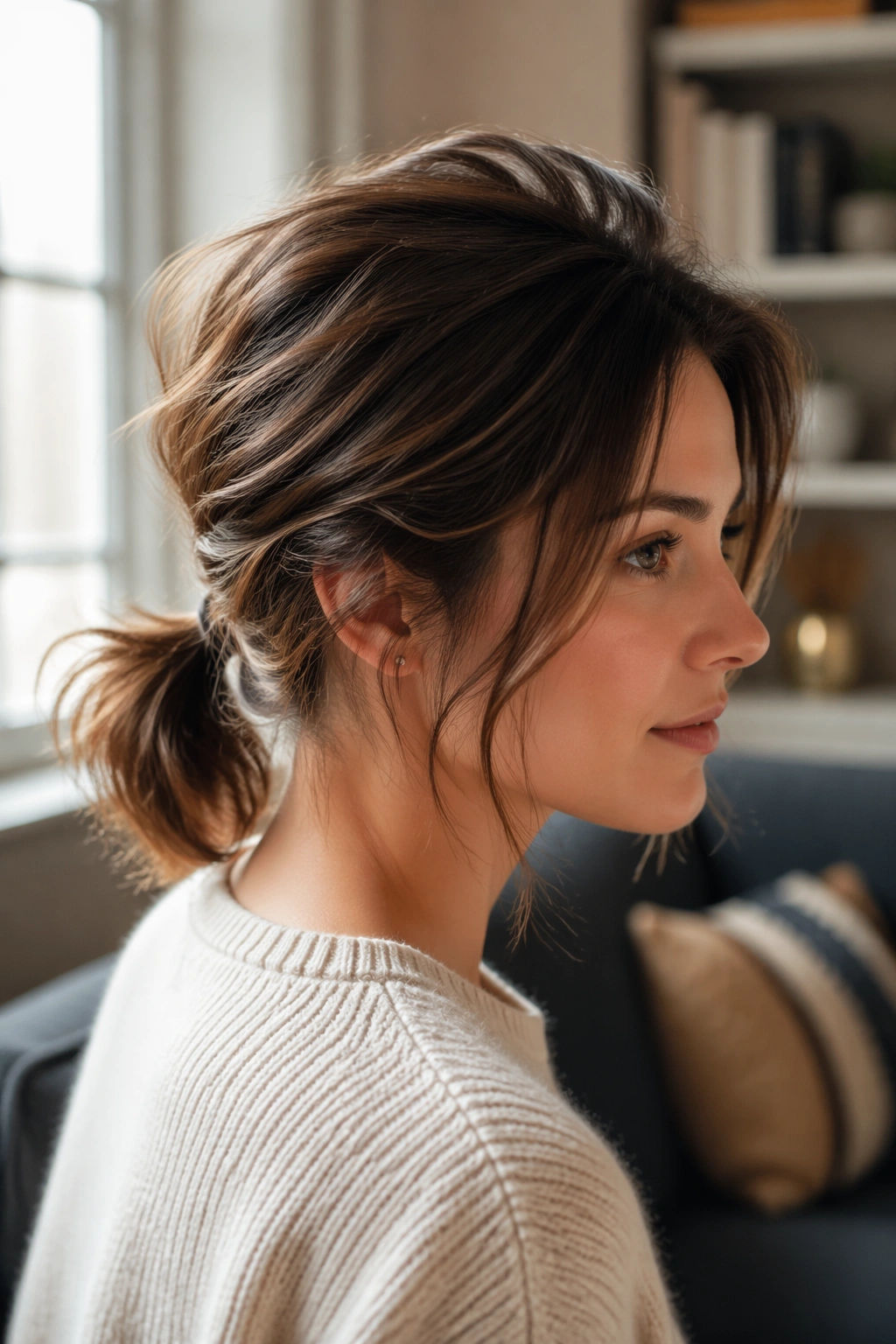 Close-up of a real woman with a textured low ponytail and crown lift in soft interior light