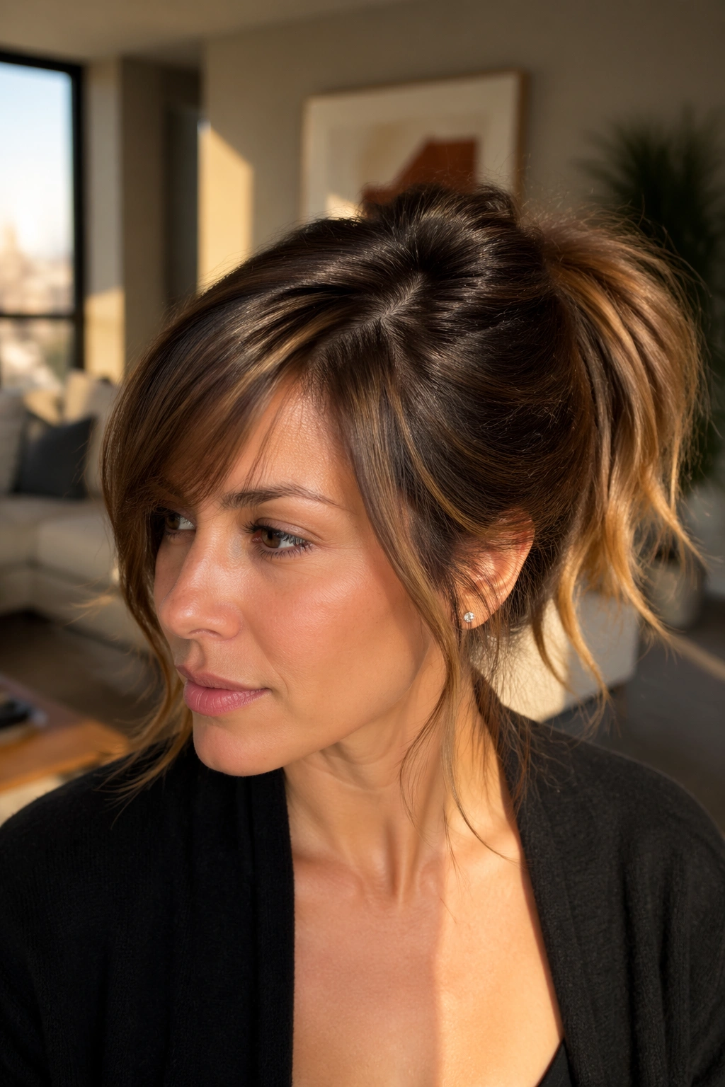 Close-up portrait of a real woman with a deep side part and bangs swept to the side